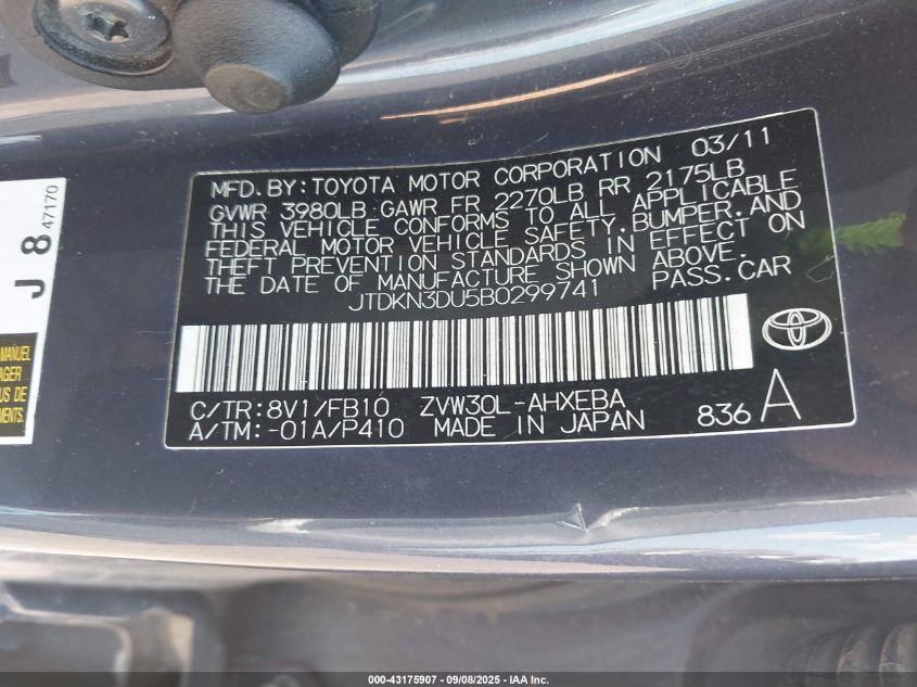 2011 Toyota Prius Two VIN: JTDKN3DU5B0299741 Lot: 43175907