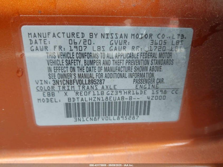 2020 Nissan Versa Sr Xtronic Cvt VIN: 3N1CN8FV0LL895287 Lot: 43175908