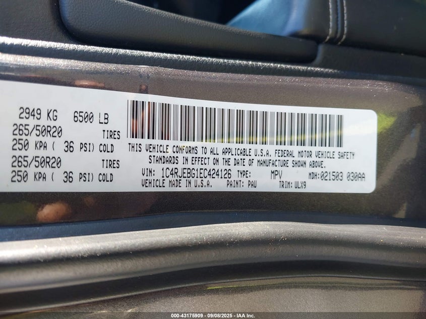 2014 Jeep Grand Cherokee Limited VIN: 1C4RJEBG1EC424126 Lot: 43175909