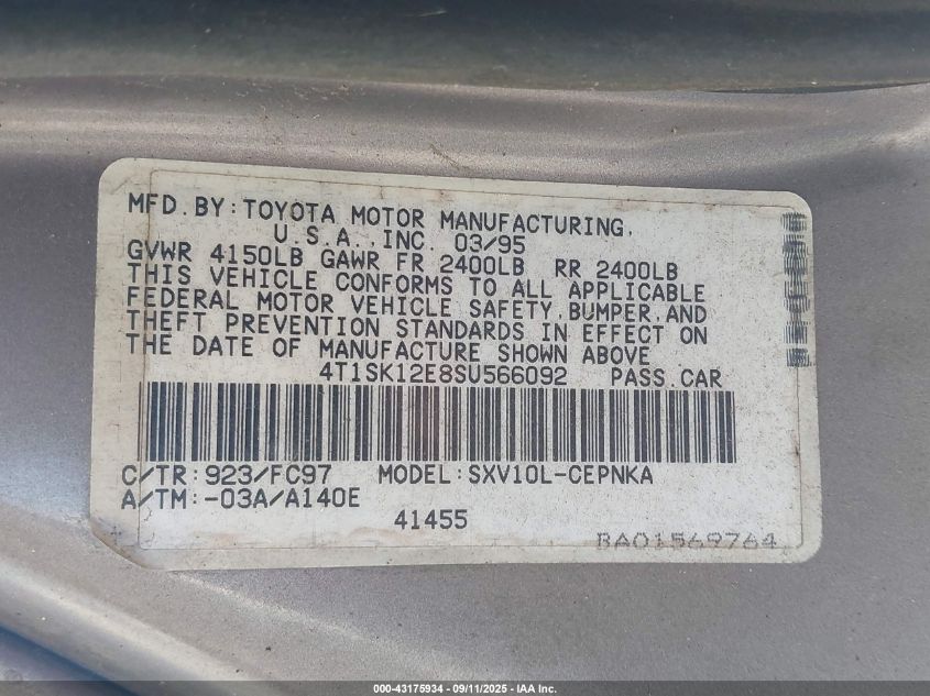 1995 Toyota Camry Le VIN: 4T1SK12E8SU566092 Lot: 43175934