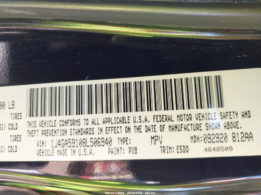 2008 Jeep Wrangler Unlimited Sahara VIN: 1J4GA59108L506940 Lot: 43175944