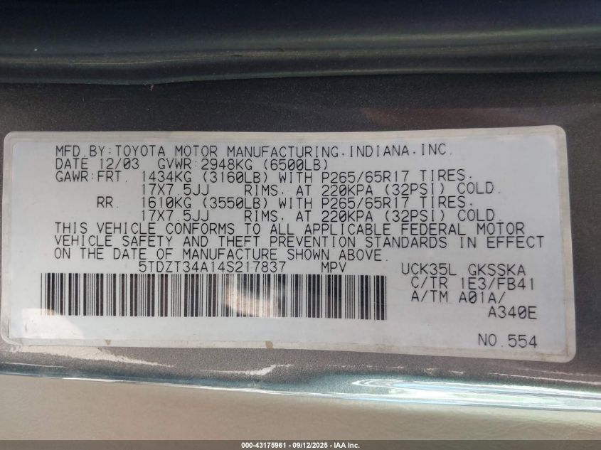 2004 Toyota Sequoia Sr5 V8 VIN: 5TDZT34A14S217837 Lot: 43175961