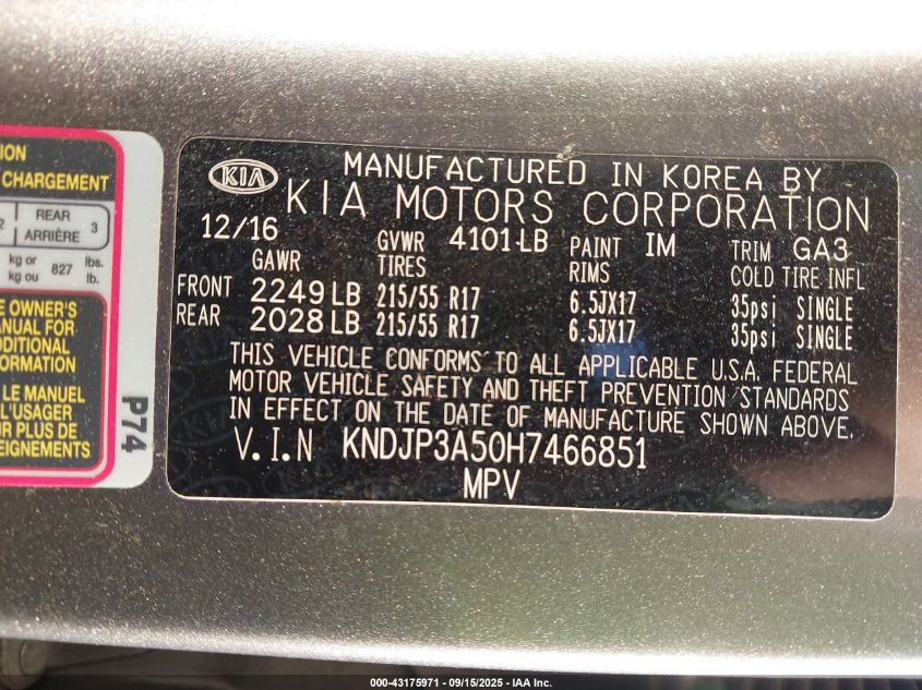 2017 Kia Soul + VIN: KNDJP3A50H7466851 Lot: 43175971