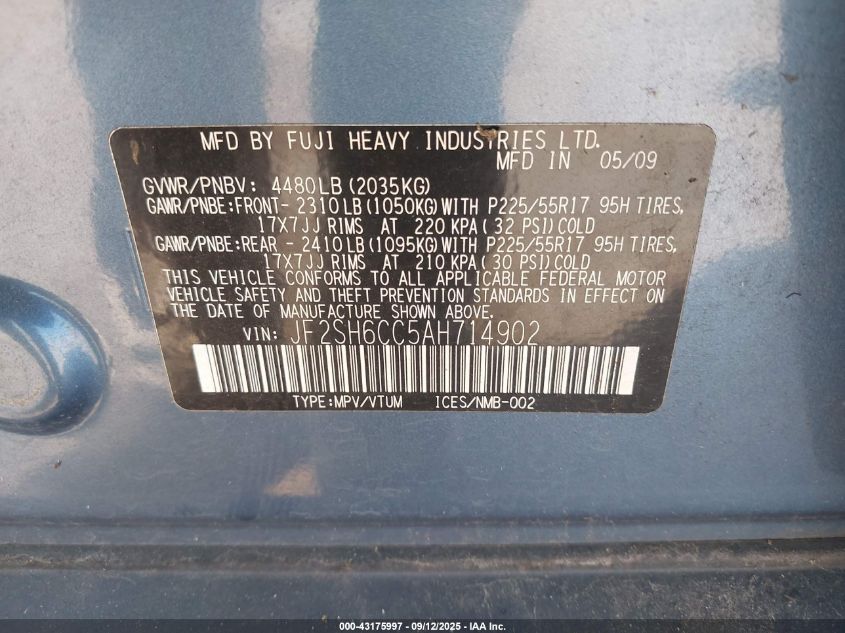 2010 Subaru Forester 2.5X Premium VIN: JF2SH6CC5AH714902 Lot: 43175997