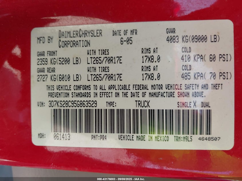 2005 Dodge Ram 2500 Slt/Laramie VIN: 3D7KS28C95G863529 Lot: 43176003