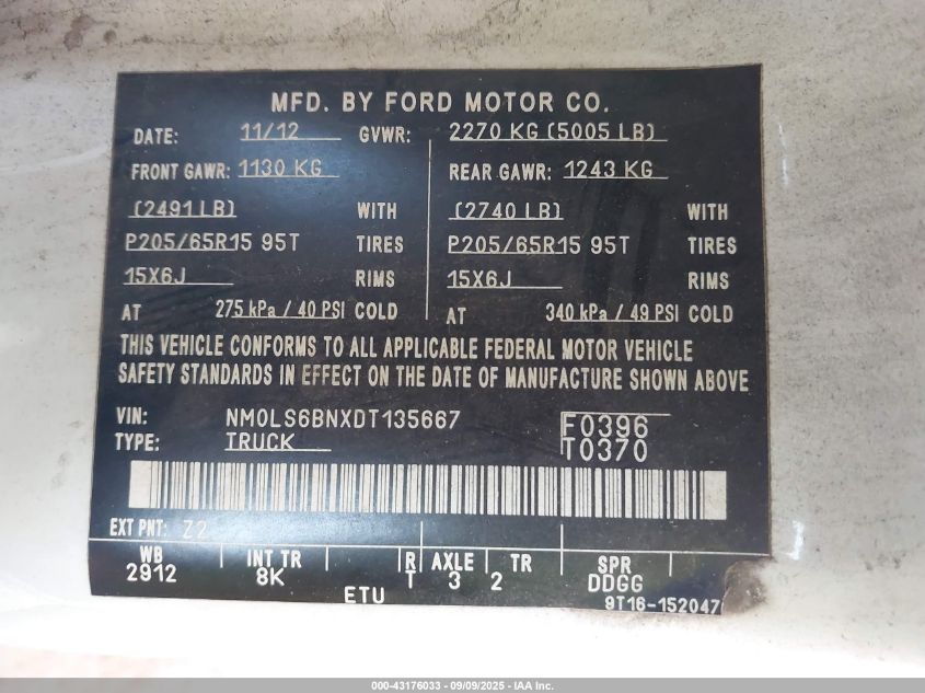 2013 Ford Transit Connect Xlt VIN: NM0LS6BNXDT135667 Lot: 43176033