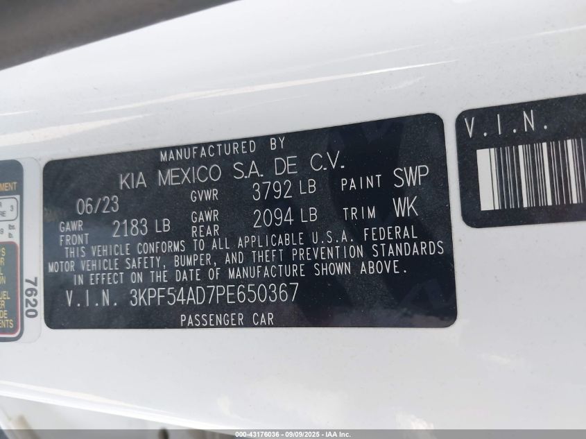 2023 Kia Forte Gt-Line VIN: 3KPF54AD7PE650367 Lot: 43176036