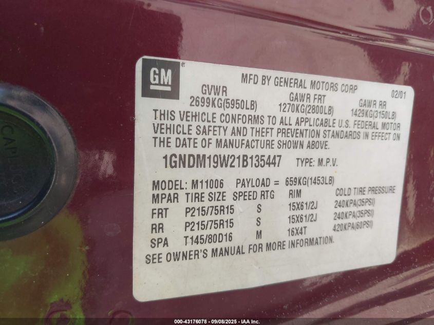 2001 Chevrolet Astro Ls VIN: 1GNDM19W21B135447 Lot: 43176078