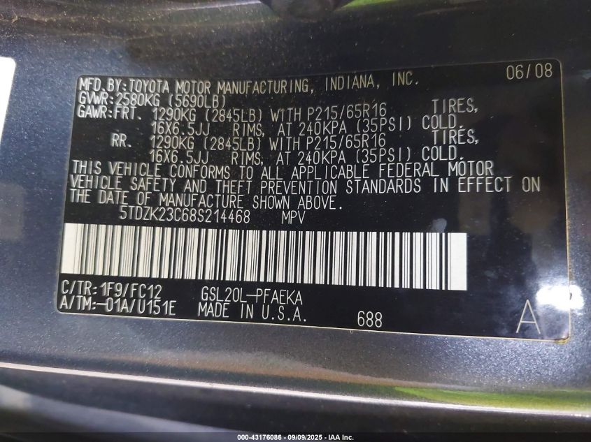 2008 Toyota Sienna Le VIN: 5TDZK23C68S214468 Lot: 43176086