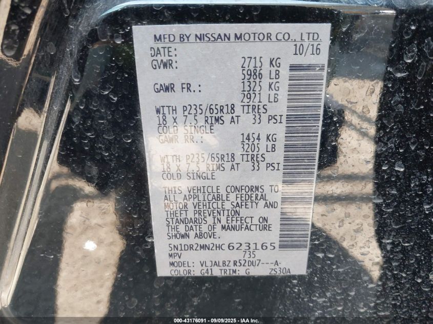 2017 Nissan Pathfinder S VIN: 5N1DR2MN2HC623165 Lot: 43176091