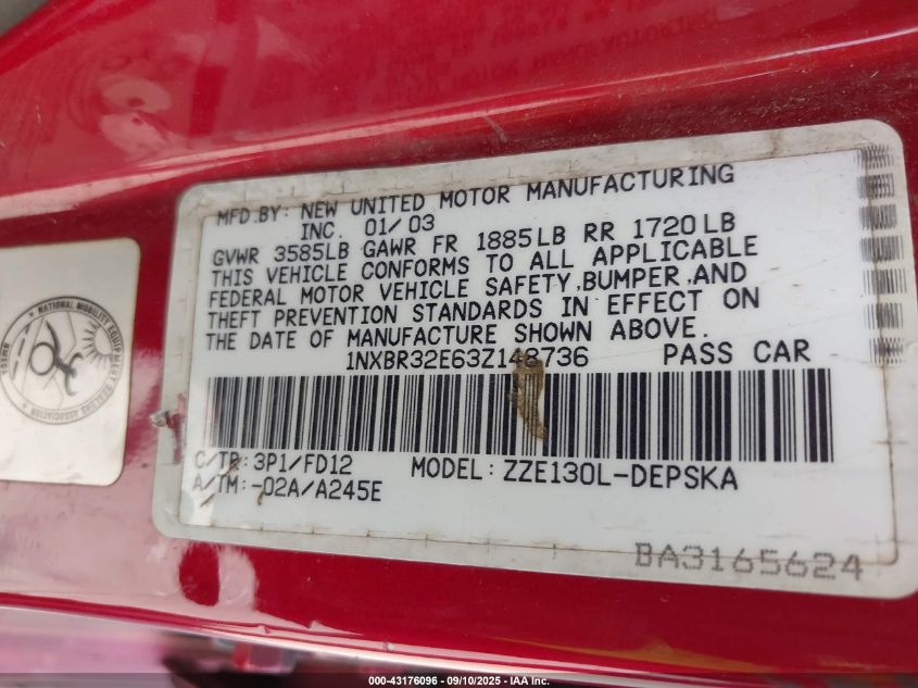 2003 Toyota Corolla Ce/Le/S VIN: 1NXBR32E632148736 Lot: 43176096