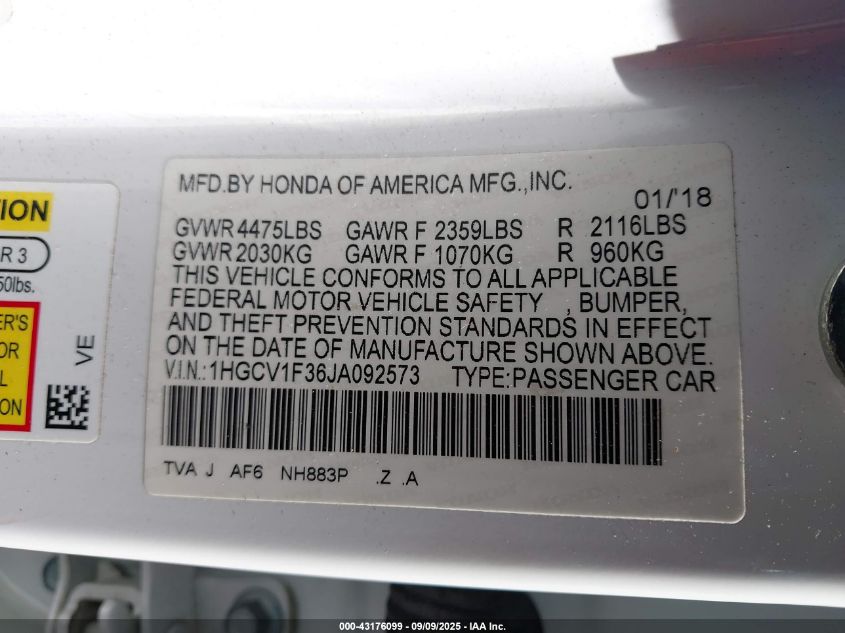 2018 Honda Accord Sport VIN: 1HGCV1F36JA092573 Lot: 43176099