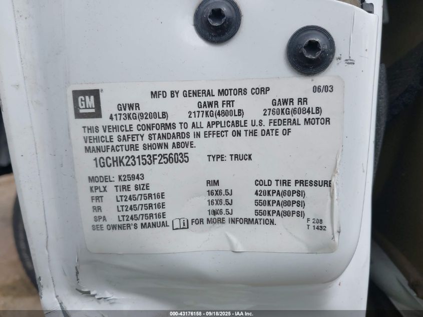 2003 Chevrolet Silverado 2500Hd Ls VIN: 1GCHK23153F256035 Lot: 43176158