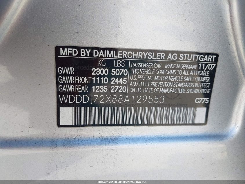 2008 Mercedes-Benz Cls 550 VIN: WDDDJ72X88A129553 Lot: 43176168