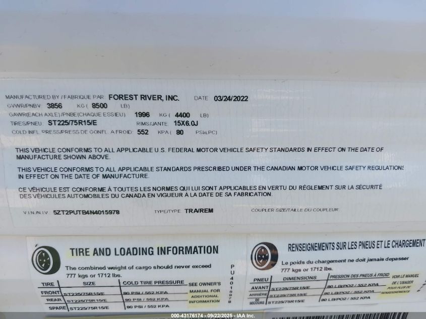 2022 Puma Other VIN: 52T2PUTB4N4015978 Lot: 43176174