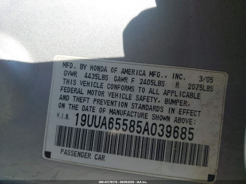 2005 Acura Tl VIN: 19UUA65585A039685 Lot: 43176176