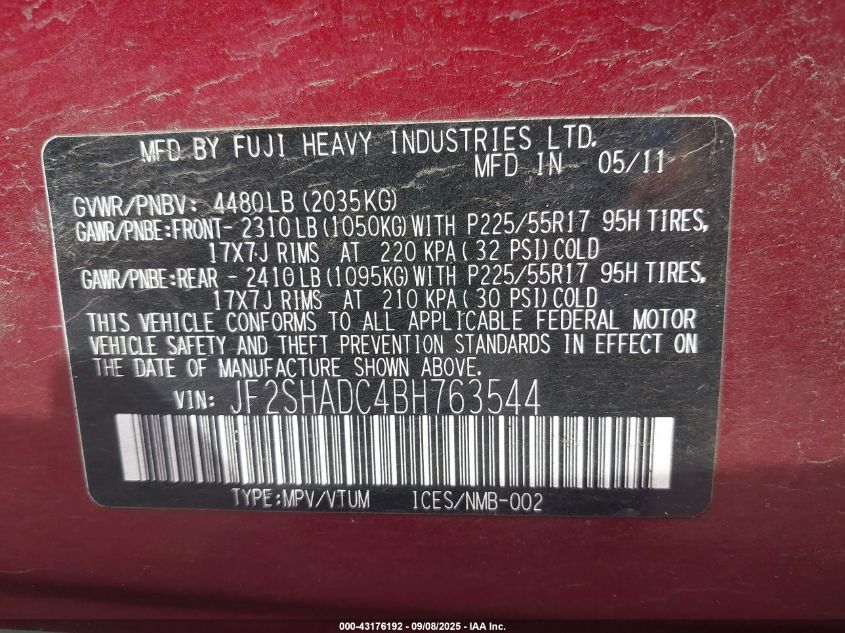 2011 Subaru Forester 2.5X Premium VIN: JF2SHADC4BH763544 Lot: 43176192