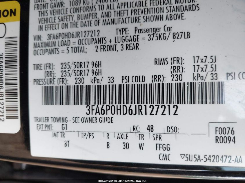 2018 Ford Fusion Se VIN: 3FA6P0HD6JR127212 Lot: 43176193