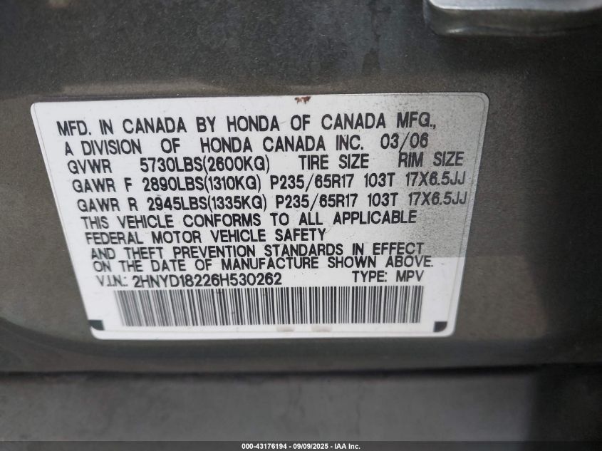 2006 Acura Mdx VIN: 2HNYD18226H530262 Lot: 43176194