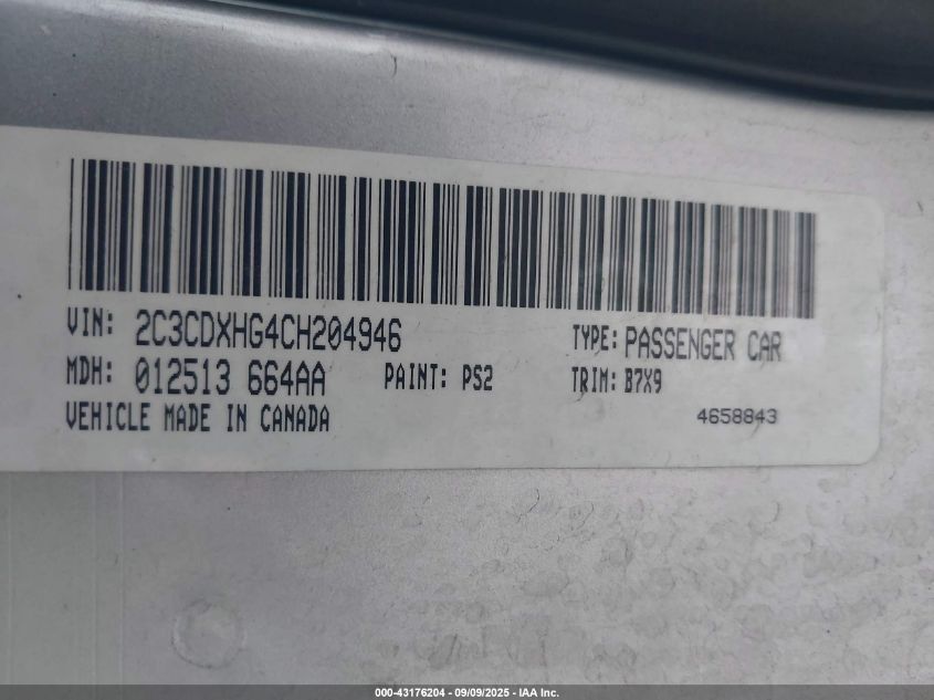 2012 Dodge Charger Sxt VIN: 2C3CDXHG4CH204946 Lot: 43176204