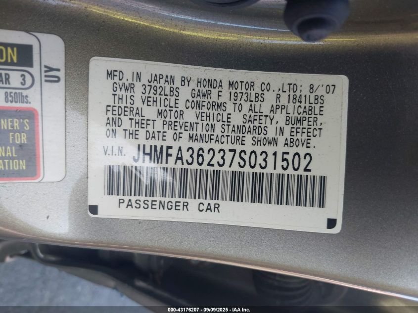 2007 Honda Civic Hybrid VIN: JHMFA362375031502 Lot: 43176207