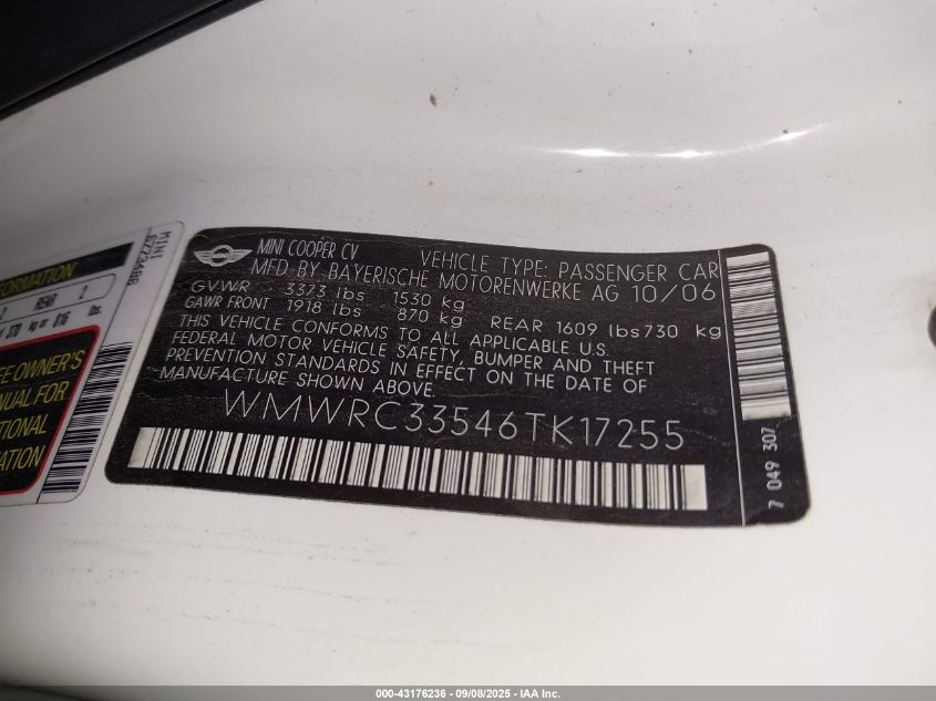 2006 Mini Cooper VIN: WMWRC33546TK17255 Lot: 43176236