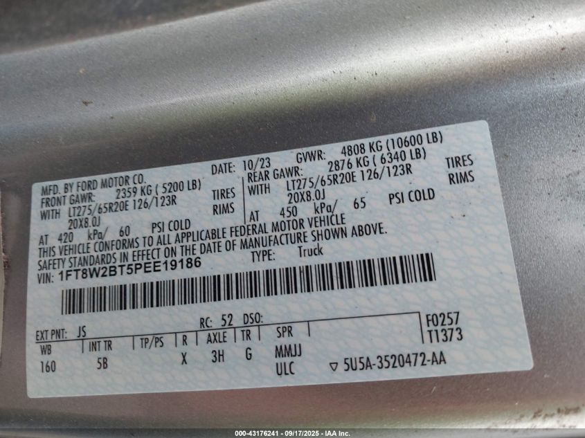 2023 Ford F-250 Lariat VIN: 1FT8W2BT5PEE19186 Lot: 43176241