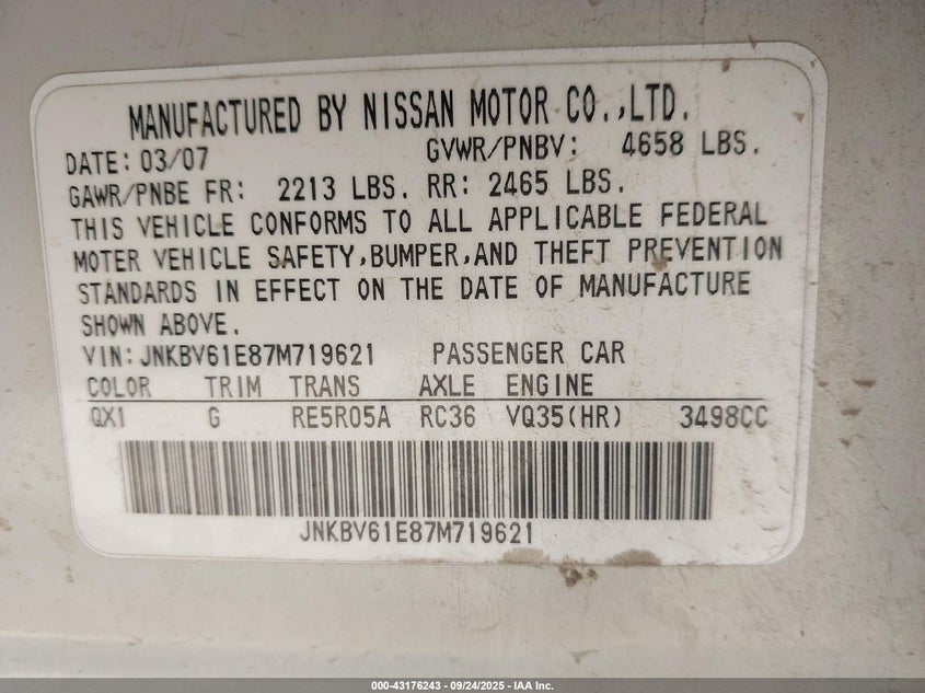 2007 Infiniti G35 Sport VIN: JNKBV61E87M719621 Lot: 43176243
