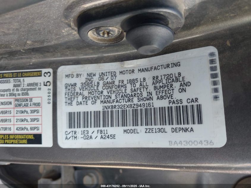 2008 Toyota Corolla Le VIN: 1NXBR32EX8Z949161 Lot: 43176252