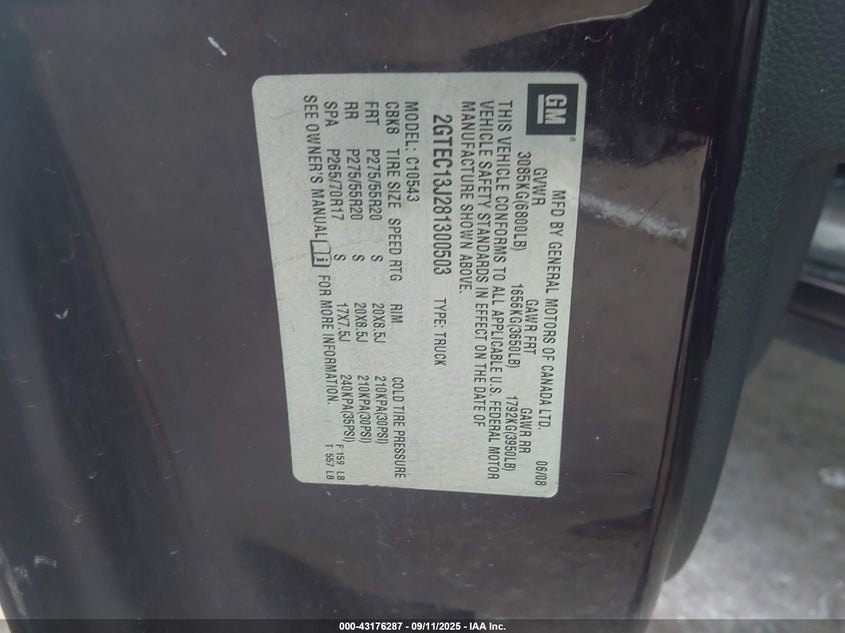 2008 GMC Sierra 1500 Sle1 VIN: 2GTEC13J281300503 Lot: 43176287