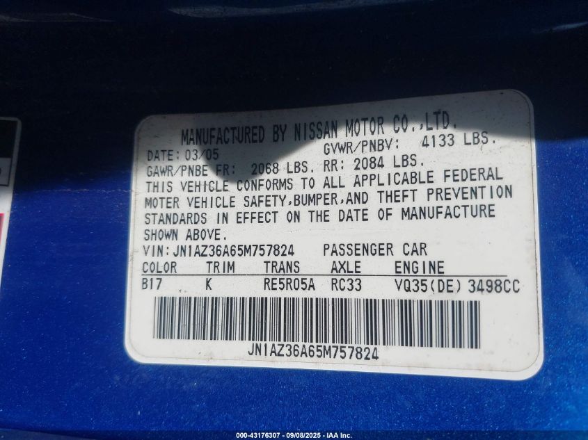 2005 Nissan 350Z Touring VIN: JN1AZ36A65M757824 Lot: 43176307