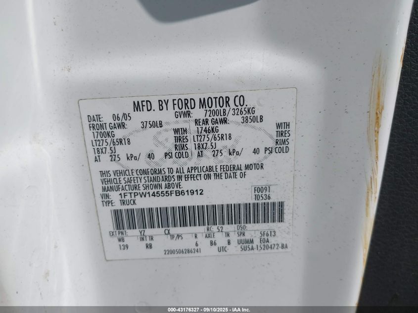2005 Ford F-150 Fx4/Lariat/Xlt VIN: 1FTPW14555FB61912 Lot: 43176327
