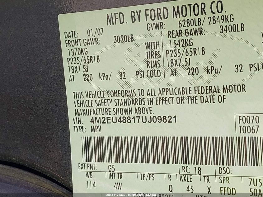 2007 Mercury Mountaineer Premier VIN: 4M2EU48817UJ09821 Lot: 43176330