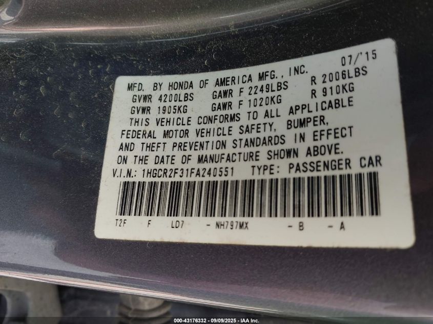 2015 Honda Accord Lx VIN: 1HGCR2F31FA240551 Lot: 43176332