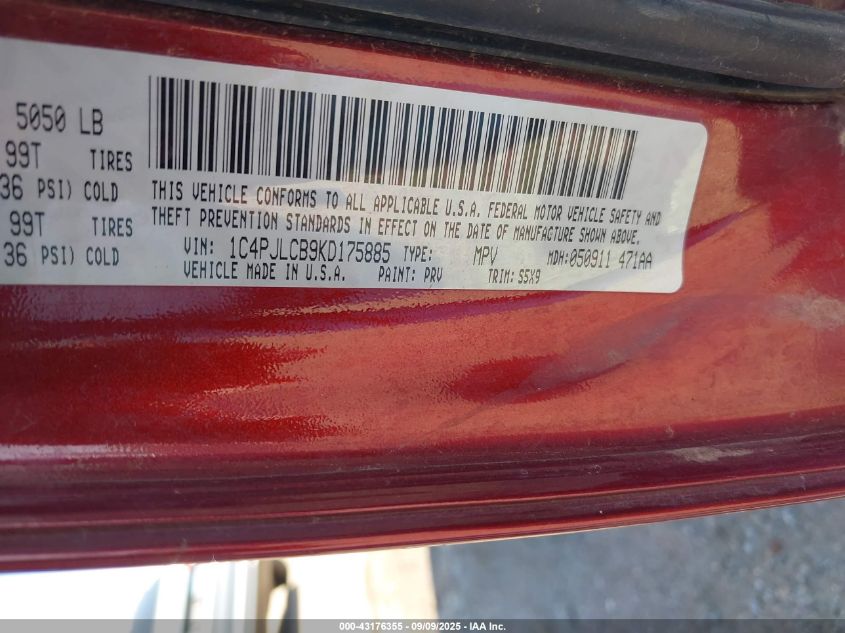 2019 Jeep Cherokee Latitude Fwd VIN: 1C4PJLCB9KD175885 Lot: 43176355