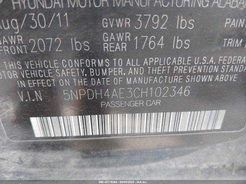 2012 Hyundai Elantra Gls VIN: 5NPDH4AE3CH102346 Lot: 43176364