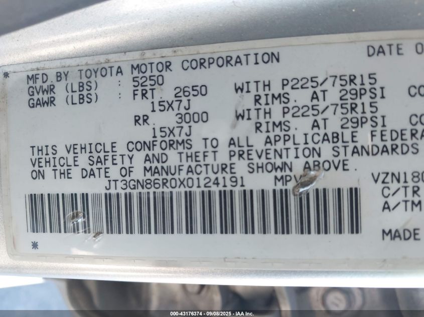 1999 Toyota 4Runner Sr5 V6 VIN: JT3GN86R0X0124191 Lot: 43176374