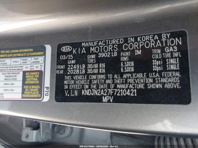 2015 Kia Soul VIN: KNDJN2A27F7210421 Lot: 43176404