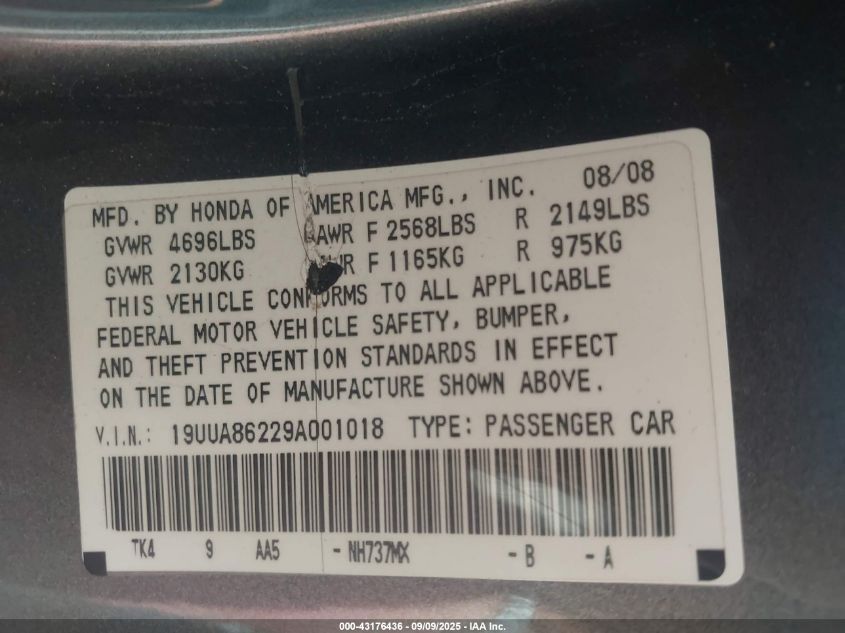 2009 Acura Tl 3.5 VIN: 19UUA86229A001018 Lot: 43176436