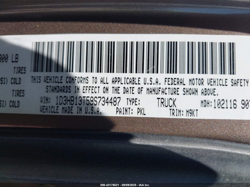 2009 Dodge Ram 1500 Slt/Sport/Trx VIN: 1D3HB13T59S734487 Lot: 43176521