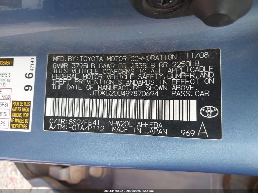 2009 Toyota Prius Standard/Touring VIN: JTDKB20U497870694 Lot: 43176522