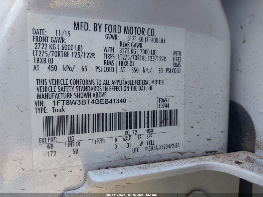 2016 Ford F-350 Lariat VIN: 1FT8W3BT4GEB41340 Lot: 43176527