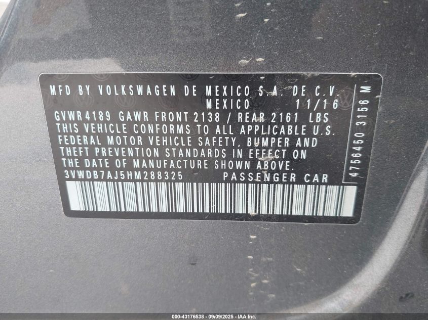 2017 Volkswagen Jetta 1.4T Se VIN: 3VWDB7AJ5HM288325 Lot: 43176538