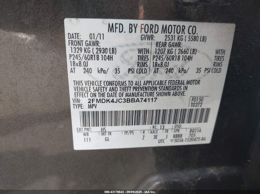 2011 Ford Edge Sel VIN: 2FMDK4JC3BBA74117 Lot: 43176543