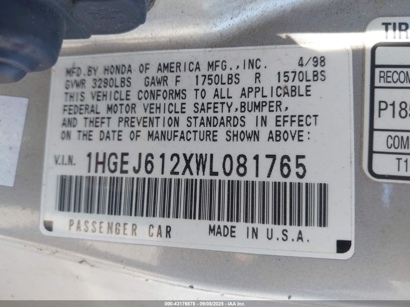 1998 Honda Civic Dx VIN: 1HGEJ612XWL081765 Lot: 43176578