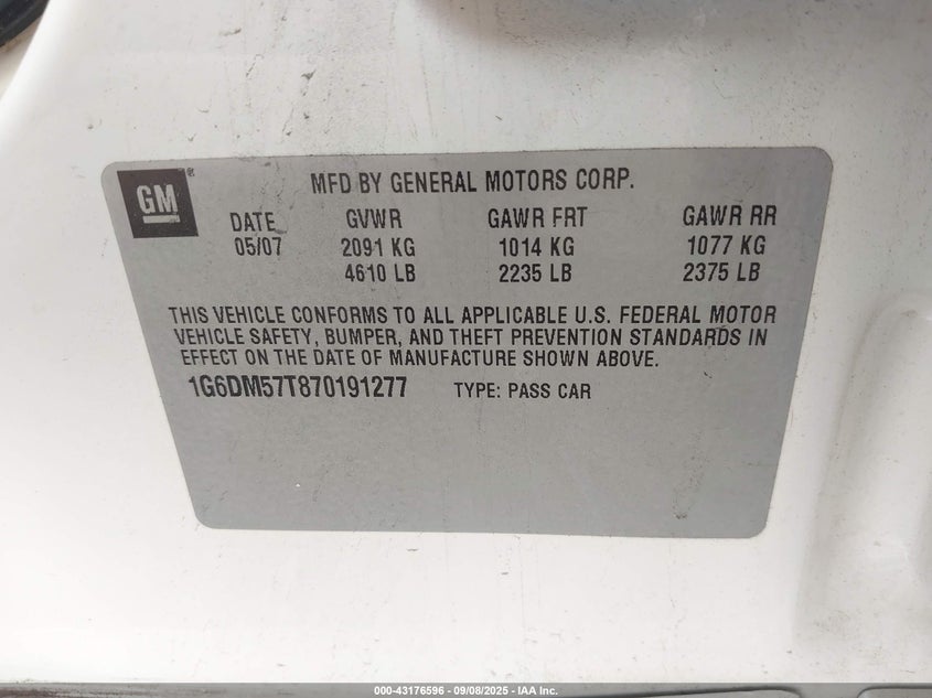 2007 Cadillac Cts Standard VIN: 1G6DM57T870191277 Lot: 43176596