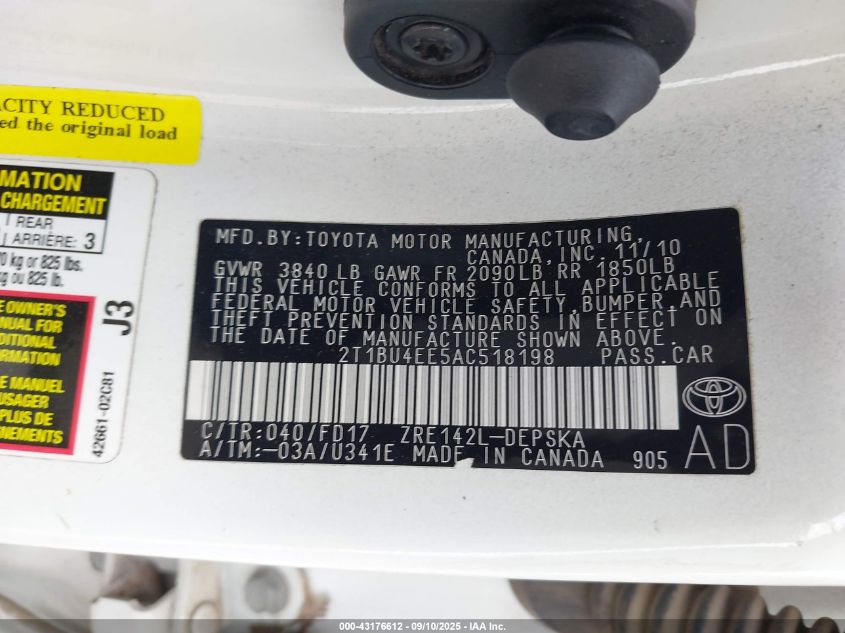 2010 Toyota Corolla S VIN: 2T1BU4EE5AC518198 Lot: 43176612