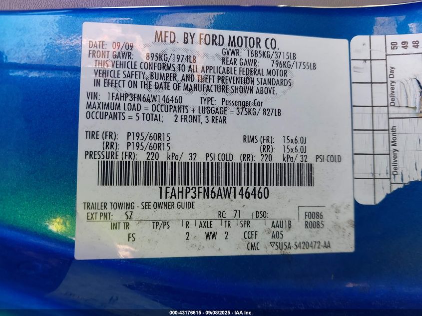 2010 Ford Focus Se VIN: 1FAHP3FN6AW146460 Lot: 43176615