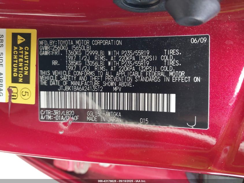 2010 Lexus Rx 350 VIN: JTJBK1BA6A2413512 Lot: 43176628