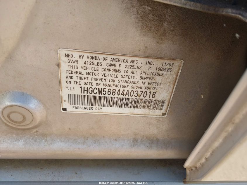 2004 Honda Accord 2.4 Ex VIN: 1HGCM56844A037016 Lot: 43176682